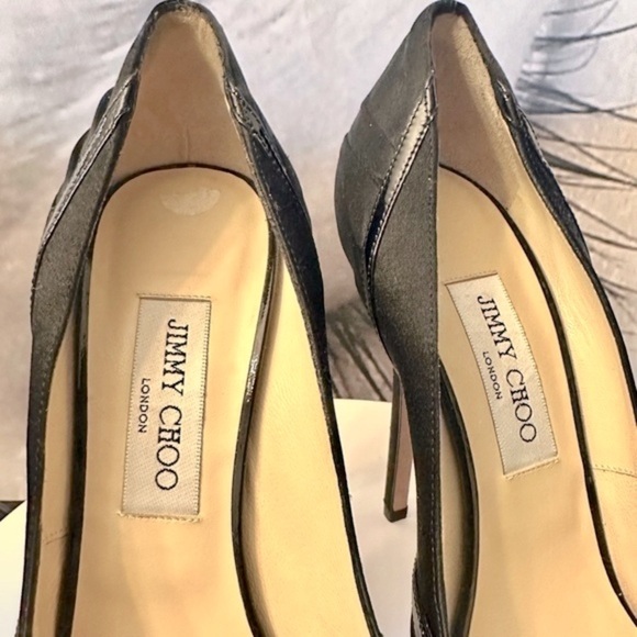 🌸 JIMMY CHOO🌸 Black Satin Patent Leather Peep Toe heels size 40 EU - Picture 9 of 13